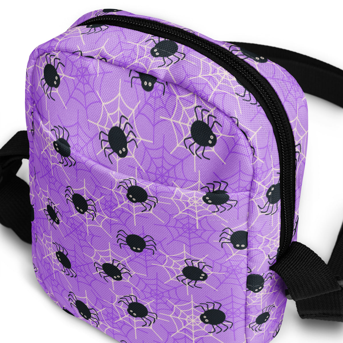 Purple Spider Web Halloween Crossbody Bag – Water Resistant Mini Purse With Adjustable Strap & Pockets