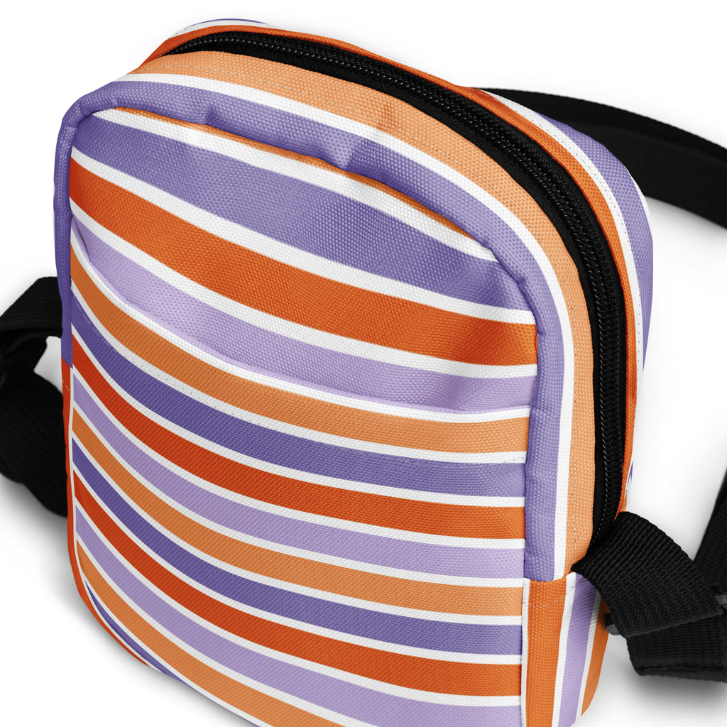 Purple Orange Striped Halloween Crossbody Bag – Water Resistant Mini Purse With Adjustable Strap & Pockets