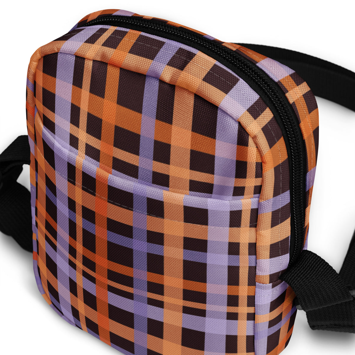 Orange & Purple Plaid Halloween Crossbody Bag – Water Resistant Mini Purse With Adjustable Strap & Pockets