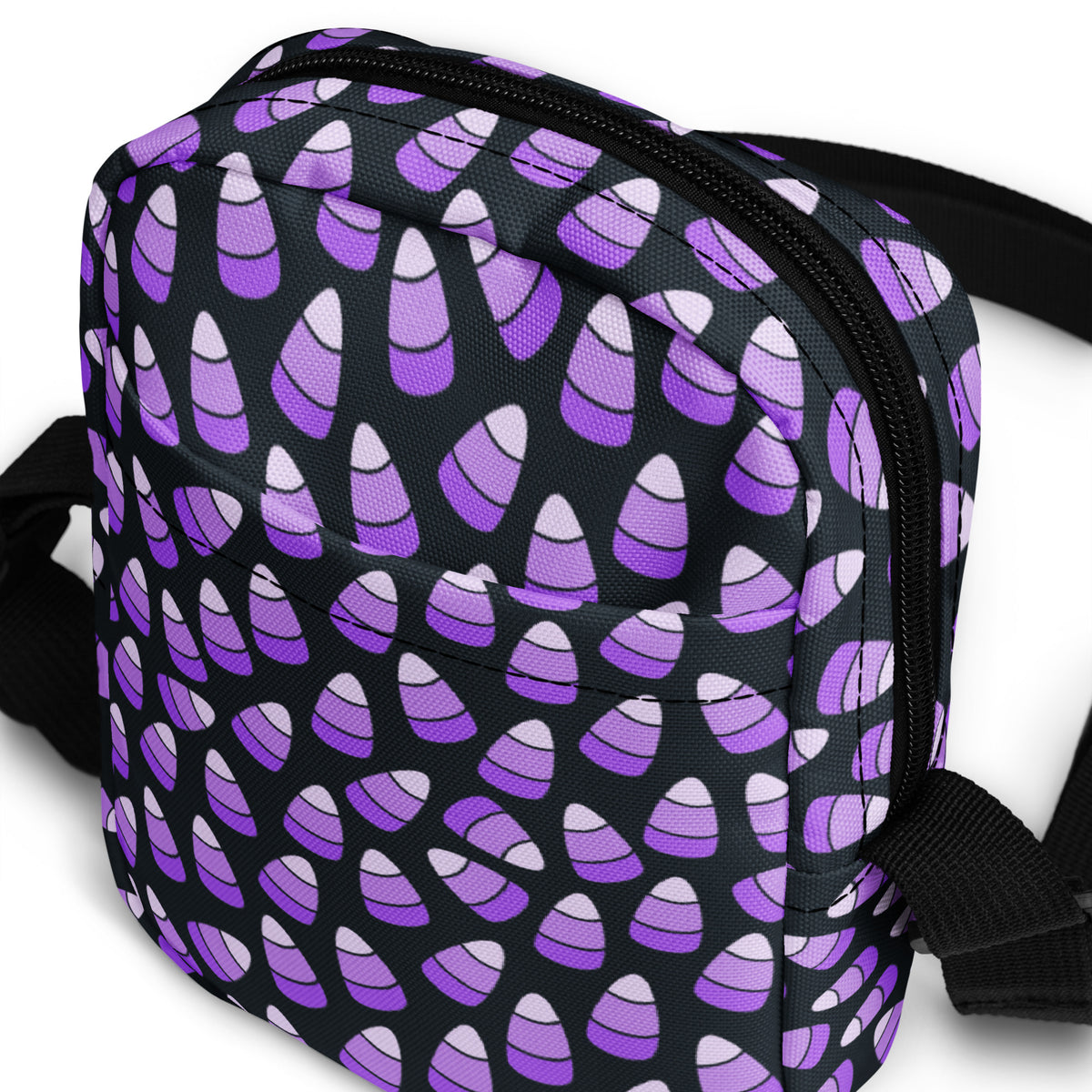 Purple Candy Corn Halloween Crossbody Bag – Water Resistant Mini Purse With Adjustable Strap & Pockets
