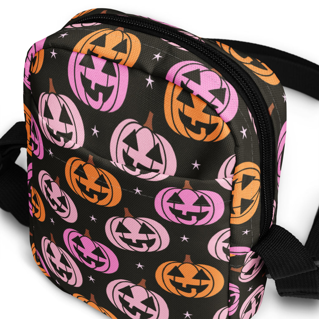 Pink & Orange Pumpkin Halloween Crossbody Bag – Water Resistant Mini Purse With Adjustable Strap & Pockets