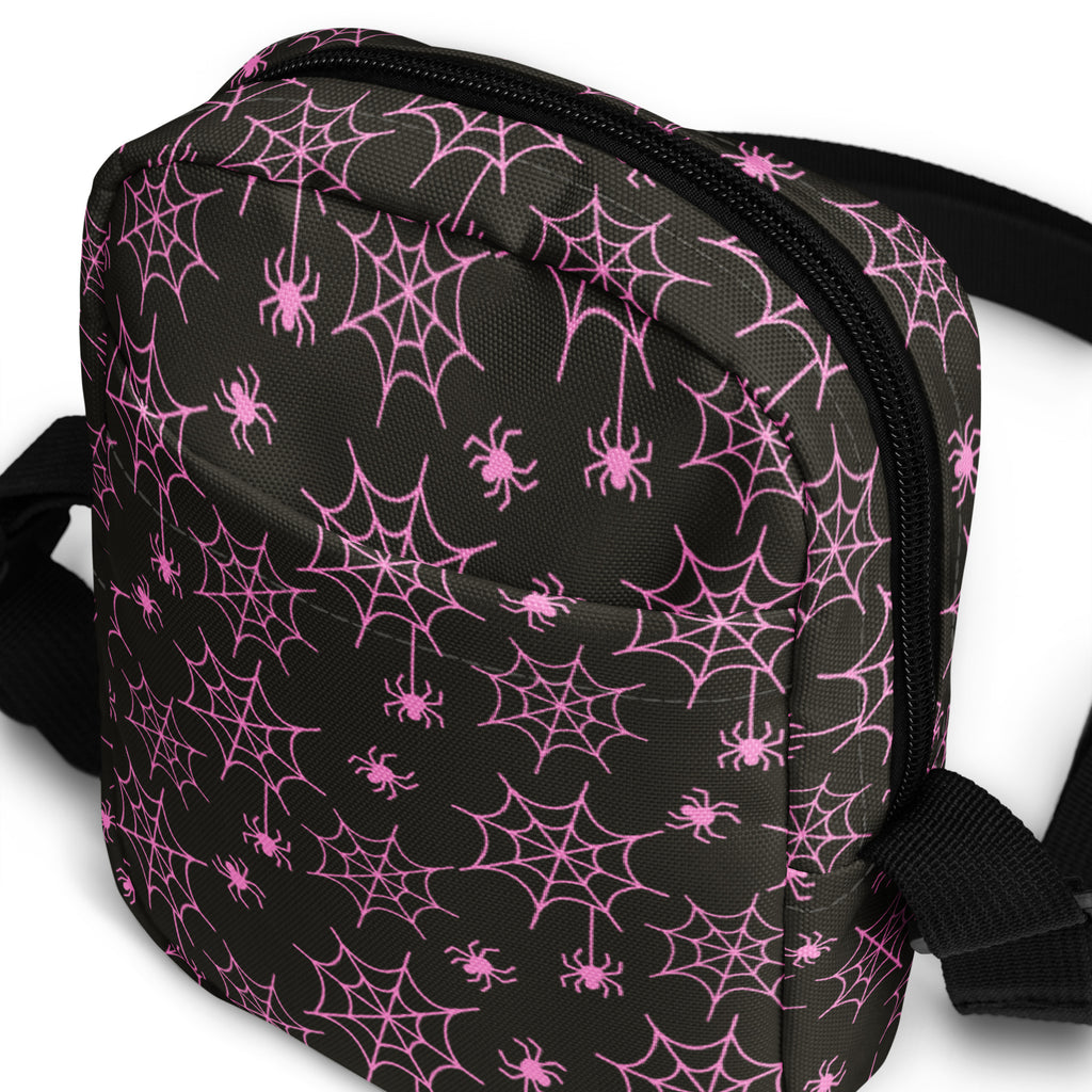 Pink Spider Web Halloween Crossbody Bag – Water Resistant Mini Purse With Adjustable Strap & Pockets