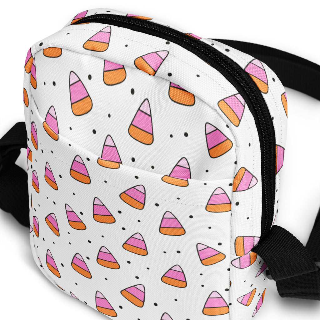 Pink Orange Candy Corn Halloween Crossbody Bag – Water Resistant Mini Purse With Adjustable Strap & Pockets