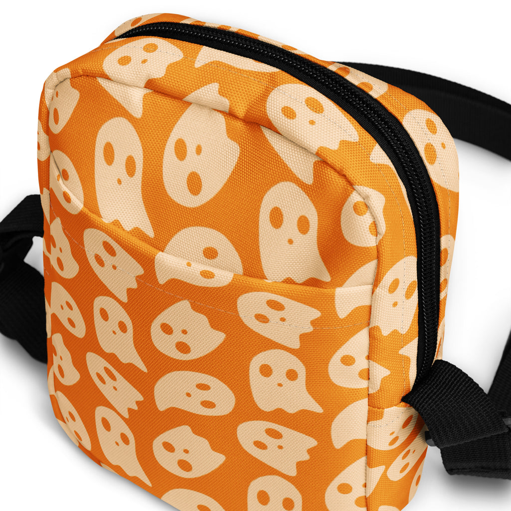 Orange Ghosts Halloween Crossbody Bag – Water Resistant Mini Purse With Adjustable Strap & Pockets