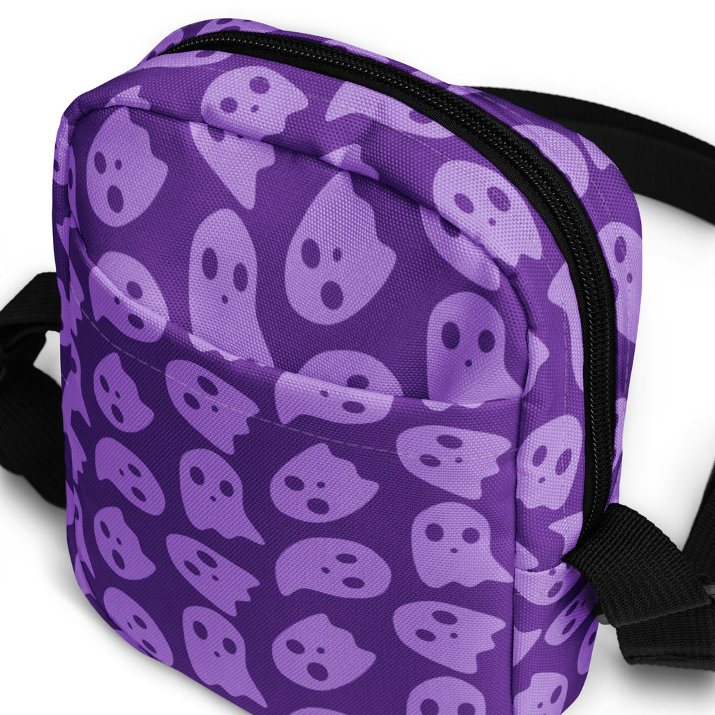Purple Ghosts Halloween Crossbody Bag – Water Resistant Mini Purse With Adjustable Strap & Pockets