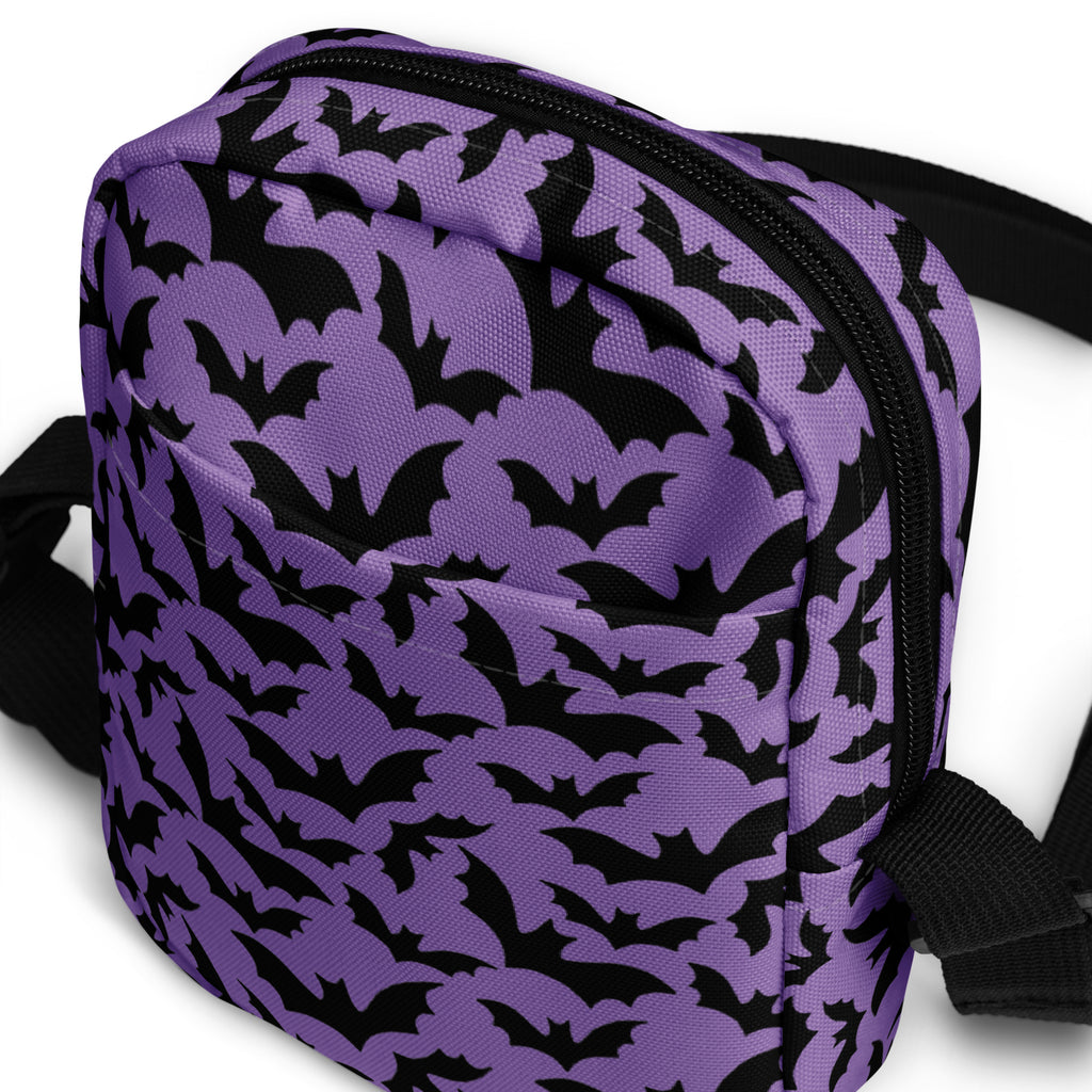 Dark Purple Bats Halloween Crossbody Bag – Water Resistant Mini Purse With Adjustable Strap & Pockets