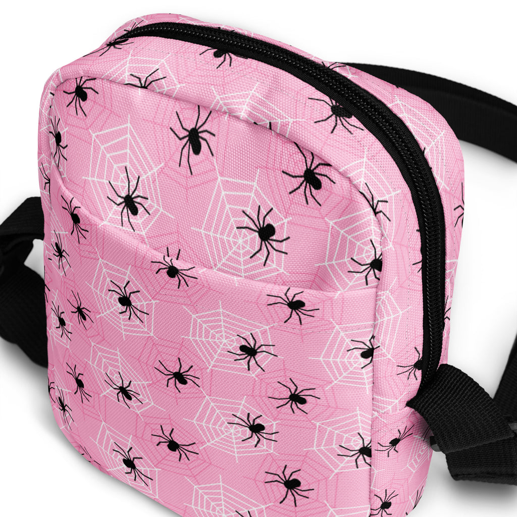 Pink Spiderweb Halloween Crossbody Bag – Water Resistant Mini Purse With Adjustable Strap & Pockets