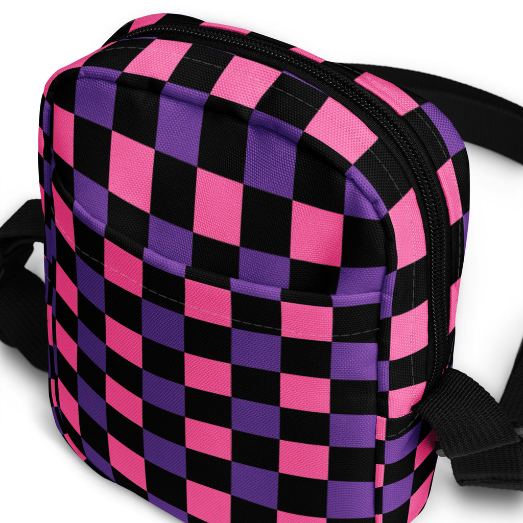 Pink & Purple Checkered Halloween Crossbody Bag – Water Resistant Mini Purse With Adjustable Strap & Pockets