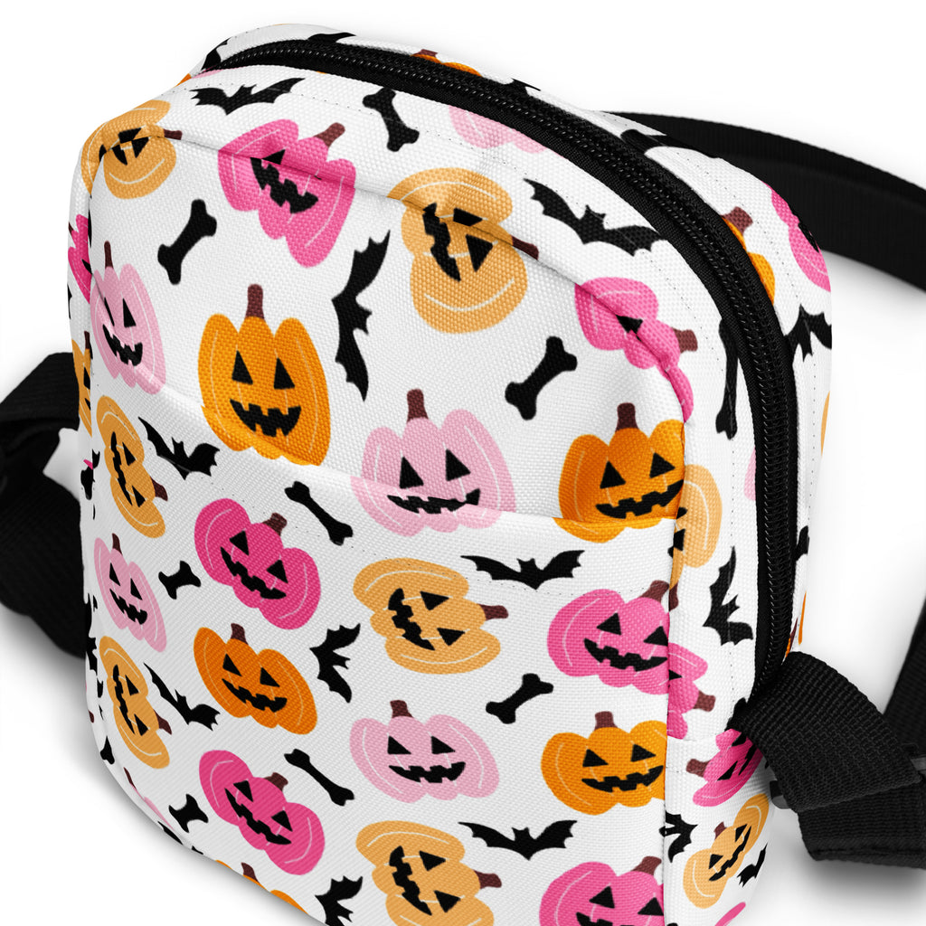 Pink & Orange Pumpkin Halloween Crossbody Bag – Water Resistant Mini Purse With Adjustable Strap & Pockets