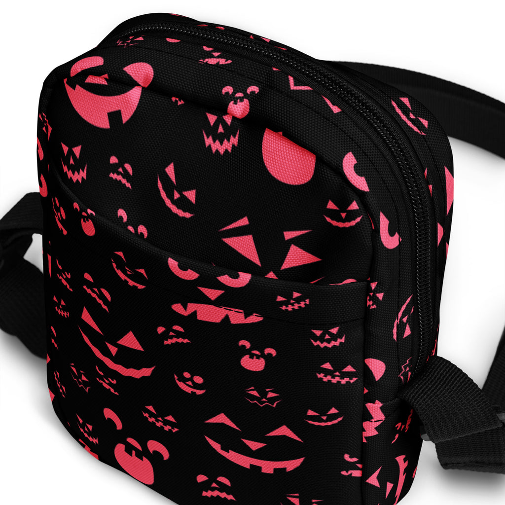 Pink Black Jack O Lantern Faces Halloween Crossbody Bag – Water Resistant Mini Purse With Adjustable Strap & Pockets