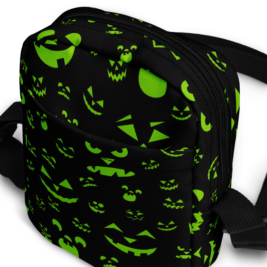 Green Jack O Lantern Faces Halloween Crossbody Bag – Water Resistant Mini Purse With Adjustable Strap & Pockets