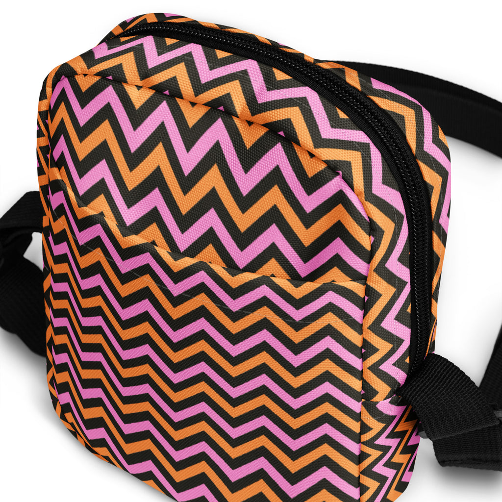 Pink & Orange Chevron Halloween Crossbody Bag – Water Resistant Mini Purse With Adjustable Strap & Pockets