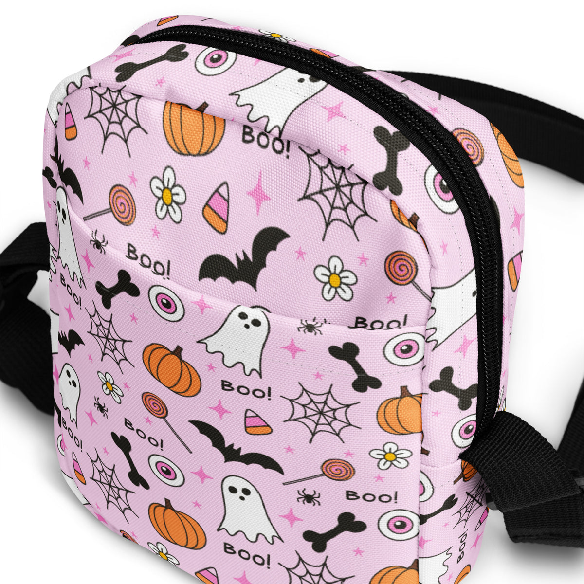Girls Pink Spooky Halloween Crossbody Bag – Water Resistant Mini Purse With Adjustable Strap & Pockets