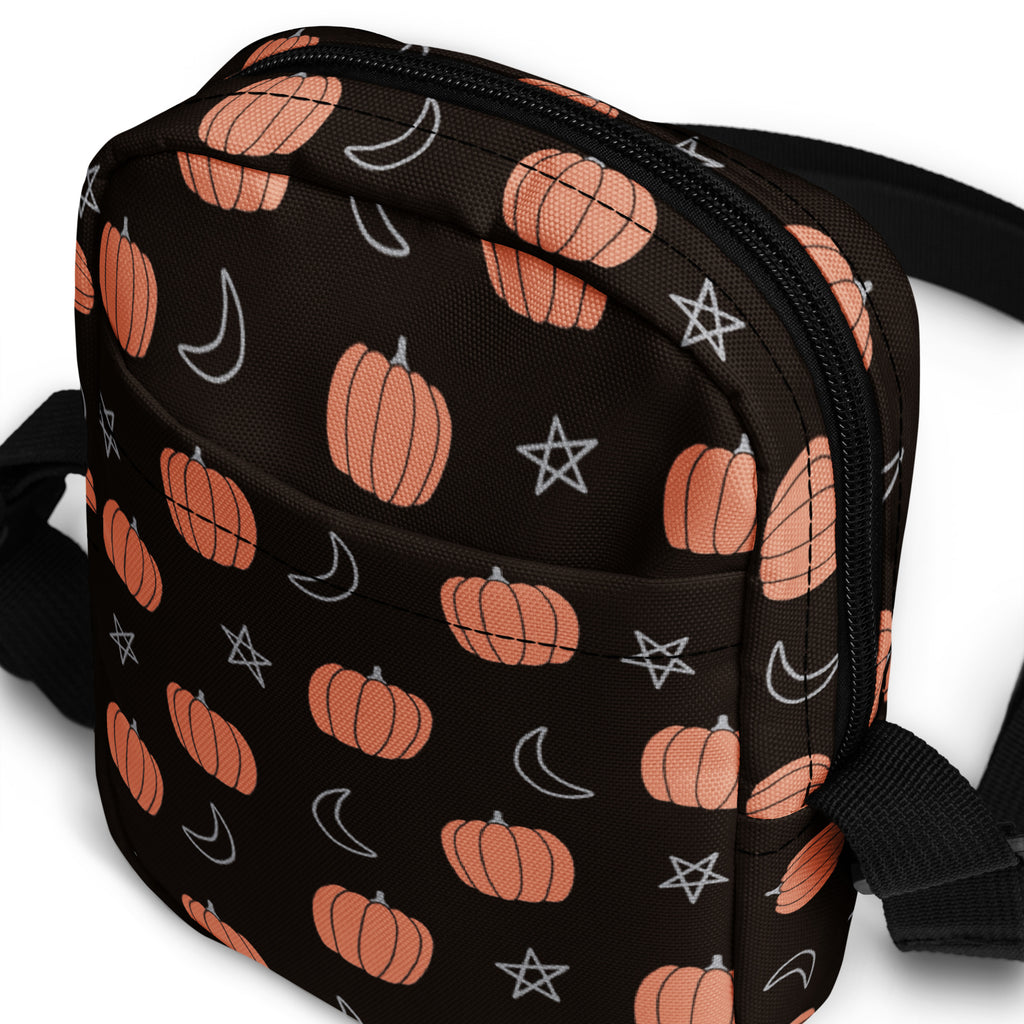 Pumpkin Moon & Stars Crossbody Bag – Water Resistant Mini Purse With Adjustable Strap & Pockets