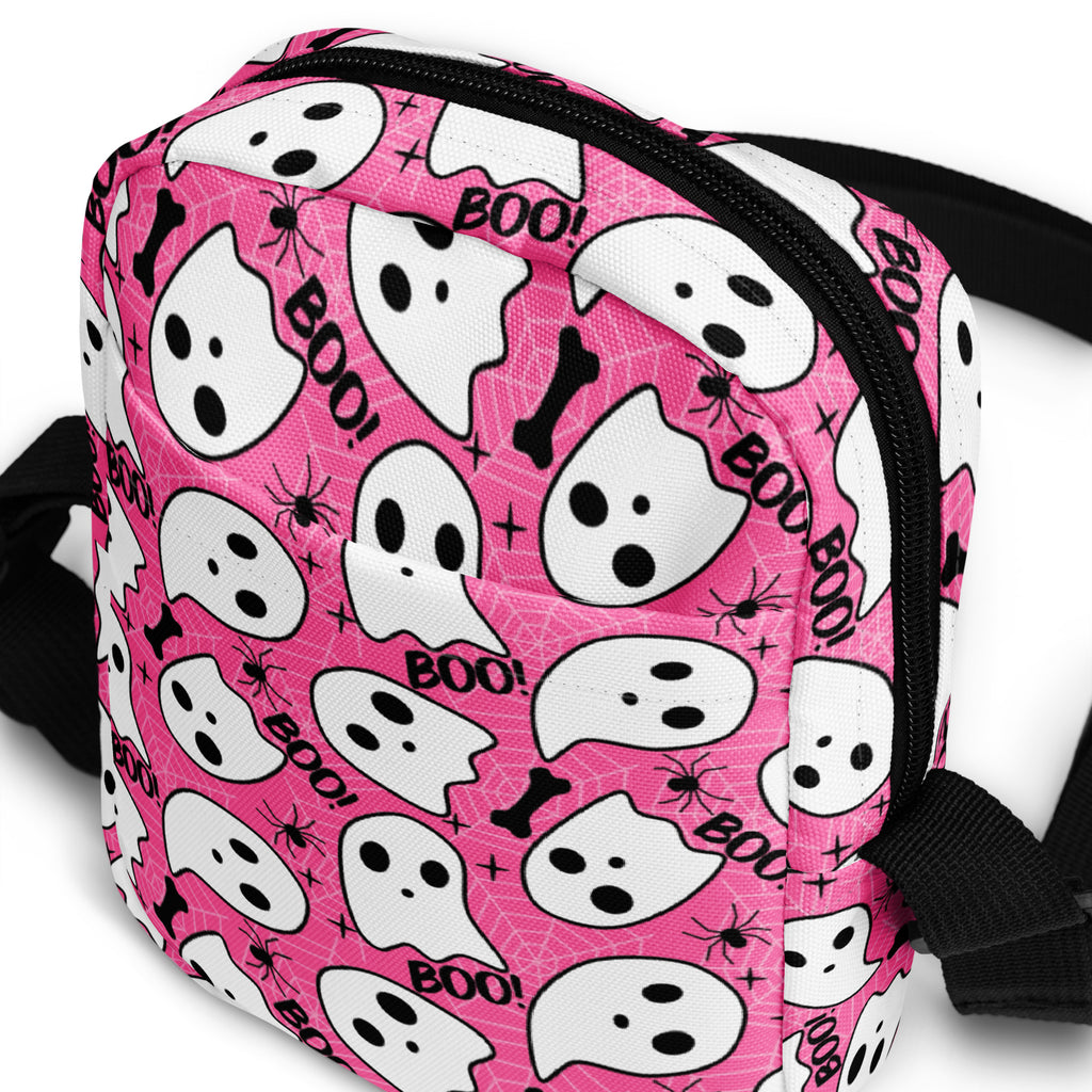 Girls Pink Ghosts & Spiderwebs Halloween Crossbody Bag – Water Resistant Mini Purse With Adjustable Strap & Pockets