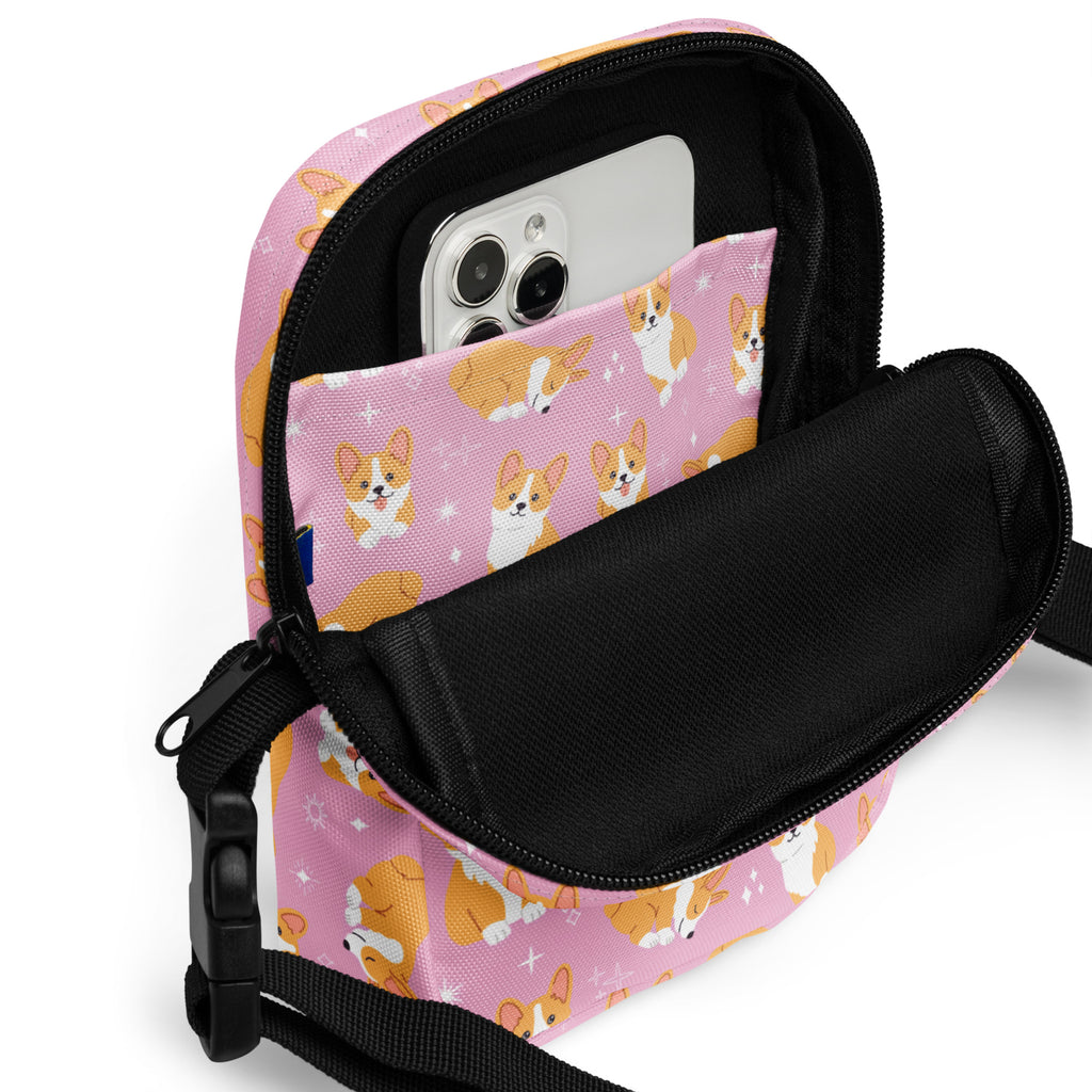 Girls pink corgi crossbody purse with pink corgi pattern black zipper and strap for hands-free carrying