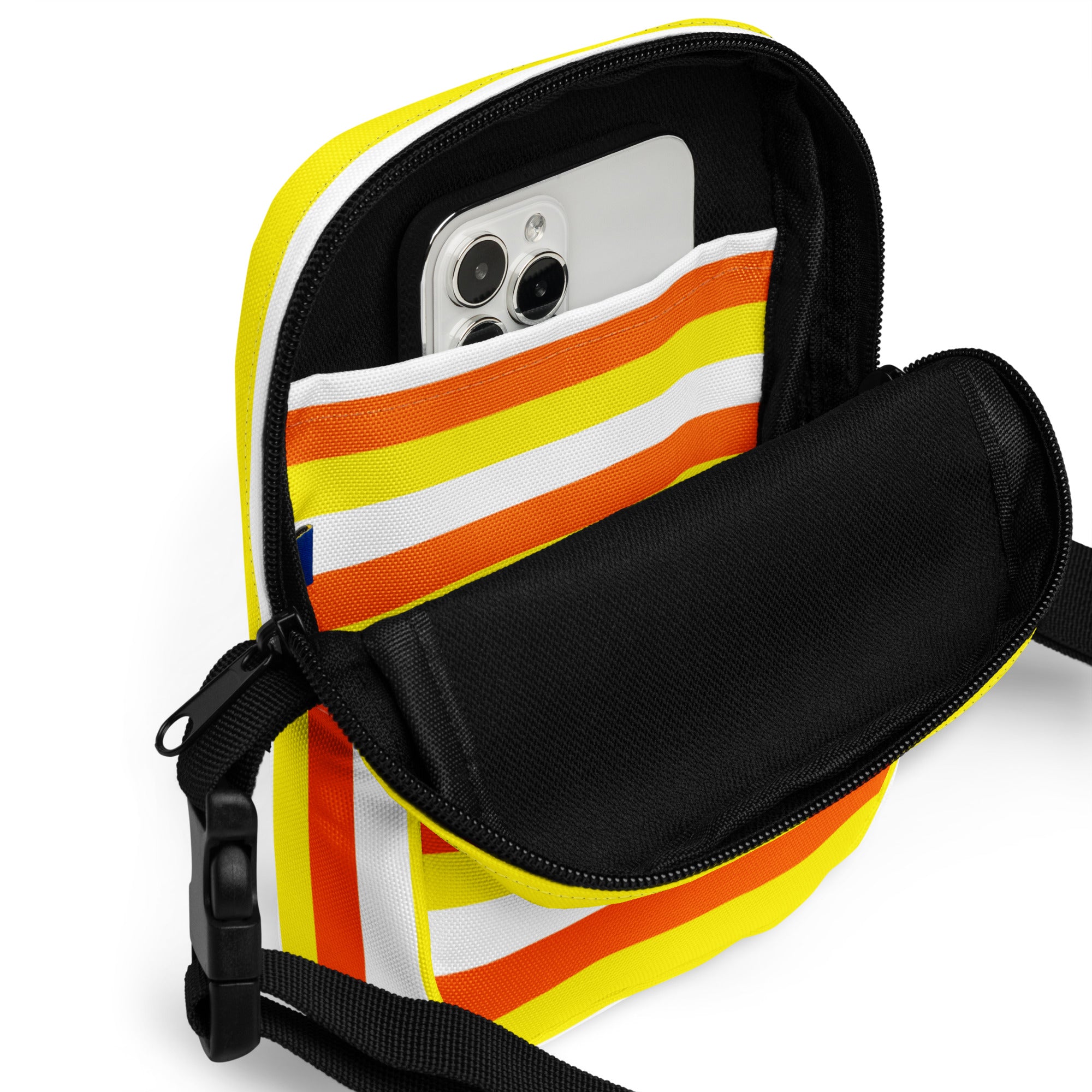 Girls candy corn stripes halloween crossbody purse in vibrant yellow and orange striped safety vest style with black zipper