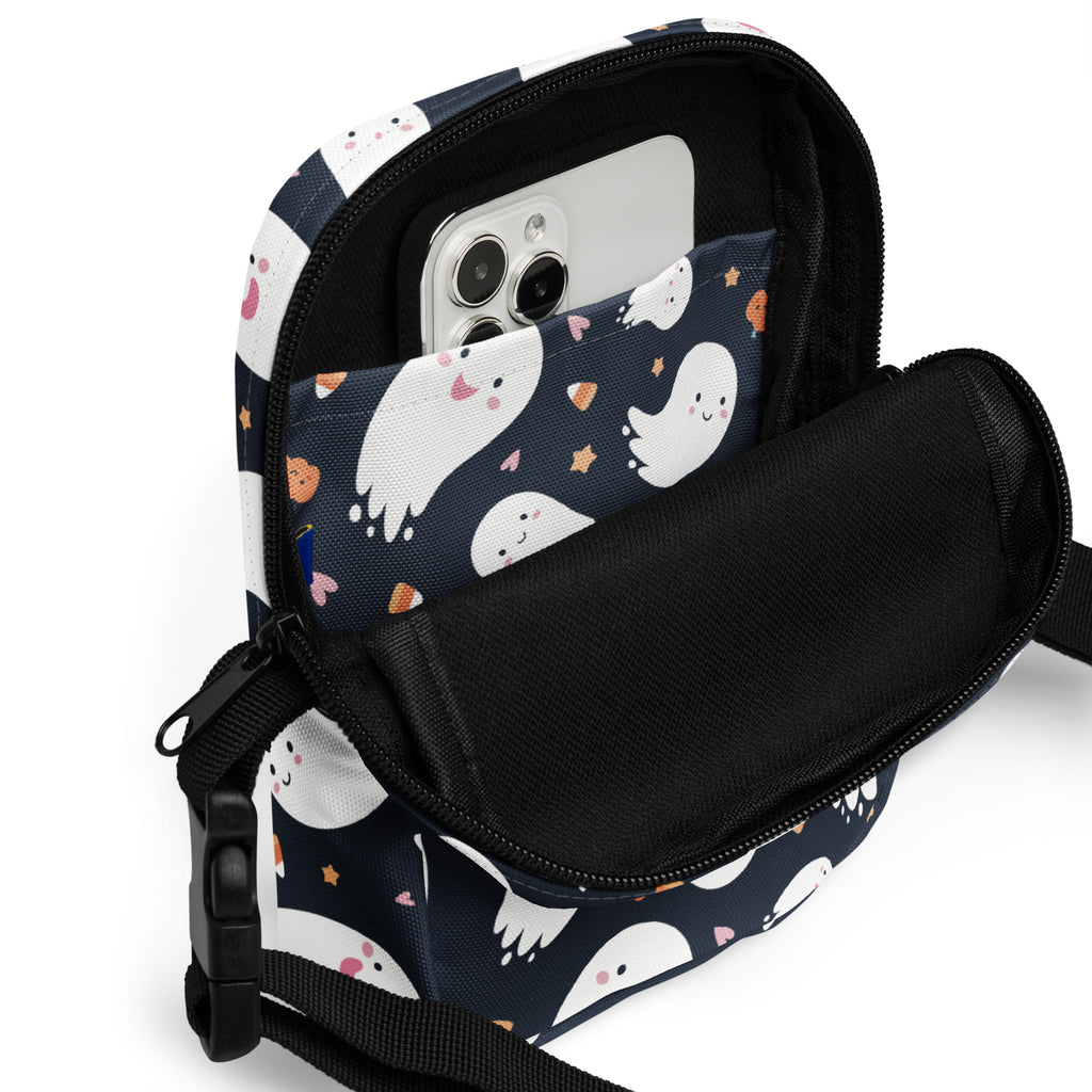 Kids ghost halloween crossbody purse navy blue and white ghost pattern with black zipper accents phone pouch