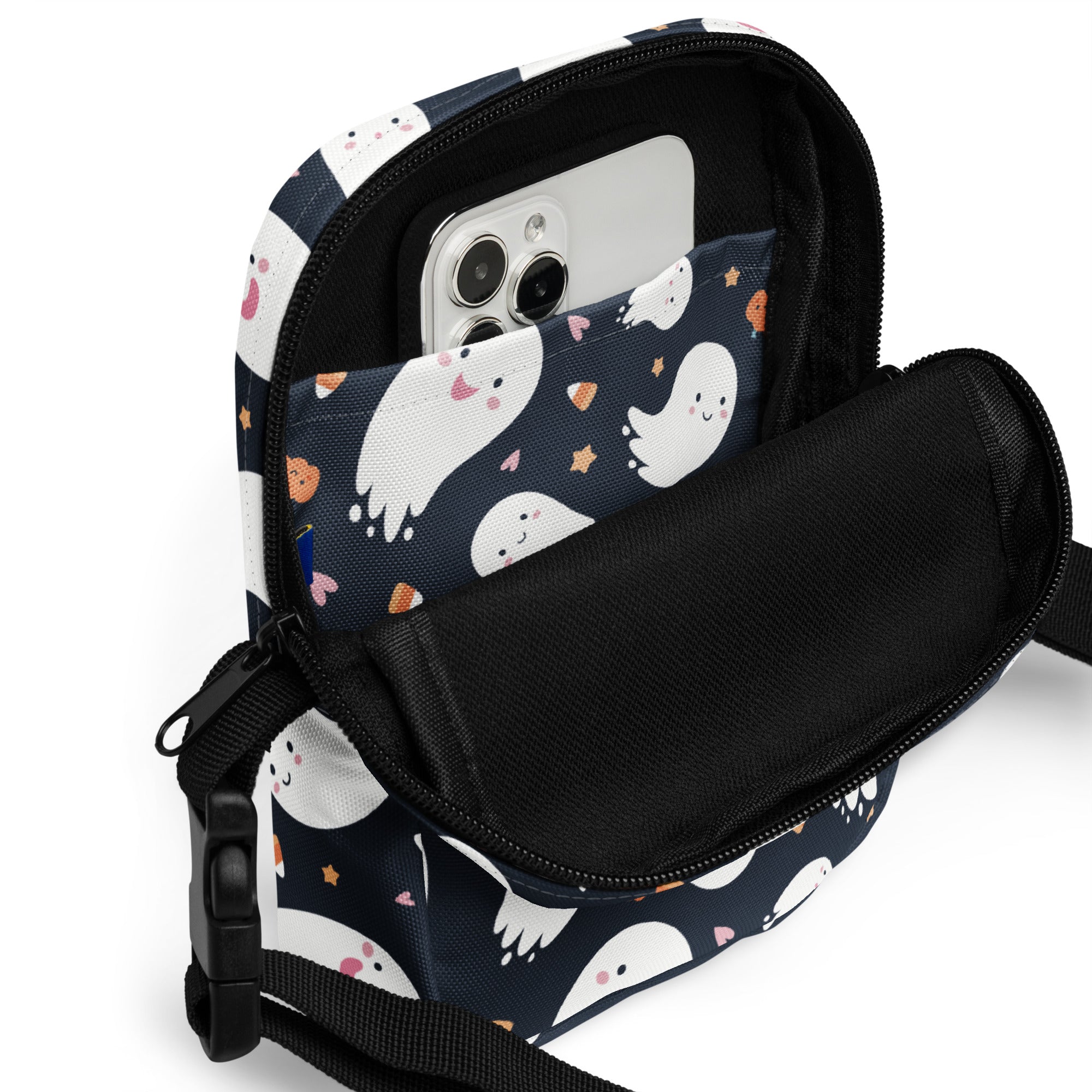 Kids ghost halloween crossbody purse navy blue and white ghost pattern with black zipper accents phone pouch