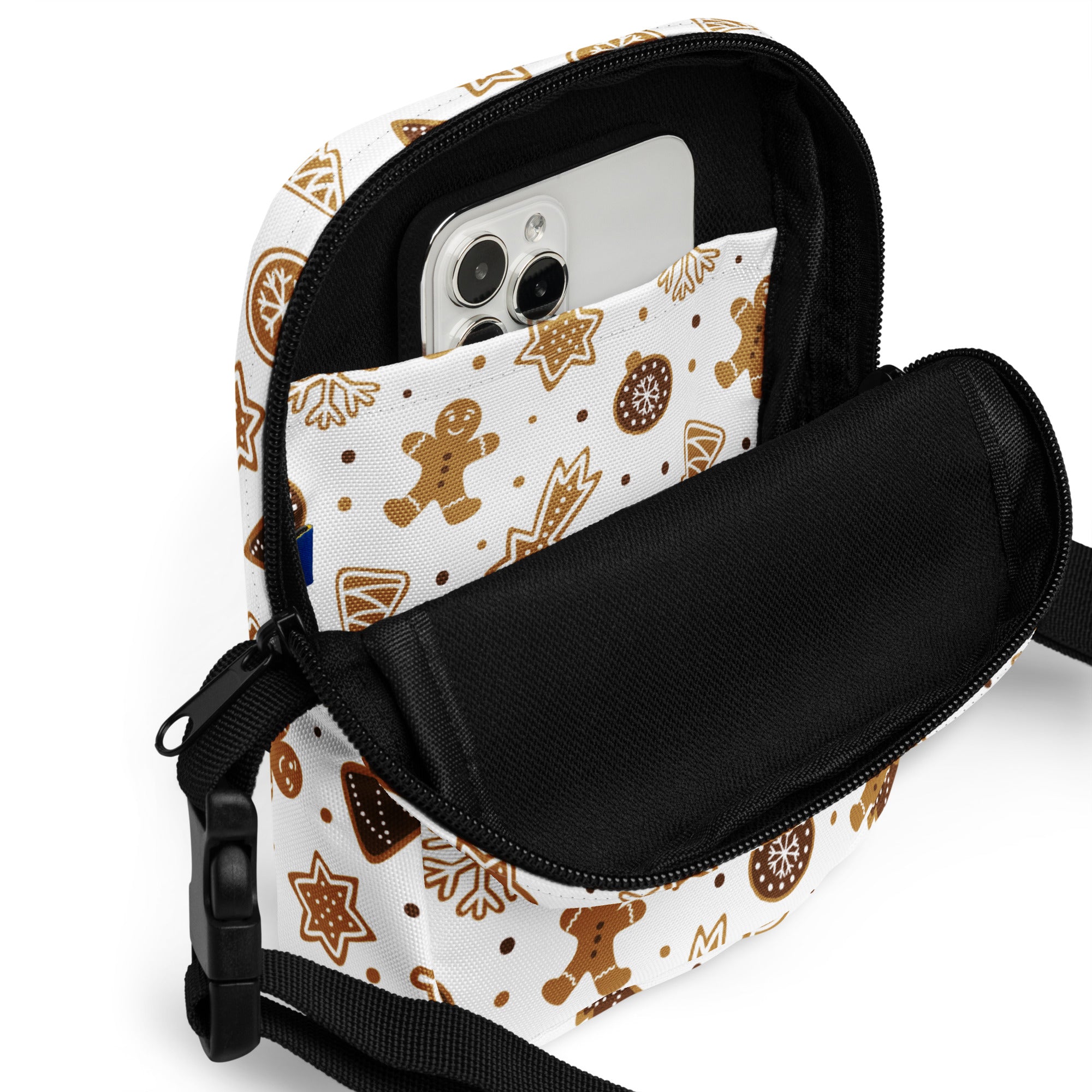 White kids gingerbread cookies crossbody purse with brown gingerbread pattern and black zipper accents