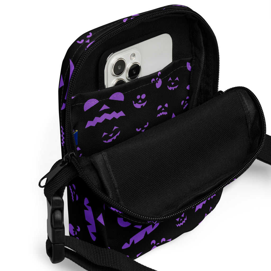 Girls purple jack-o-lantern faces halloween black crossbody purse with purple pumpkin and bat patterns