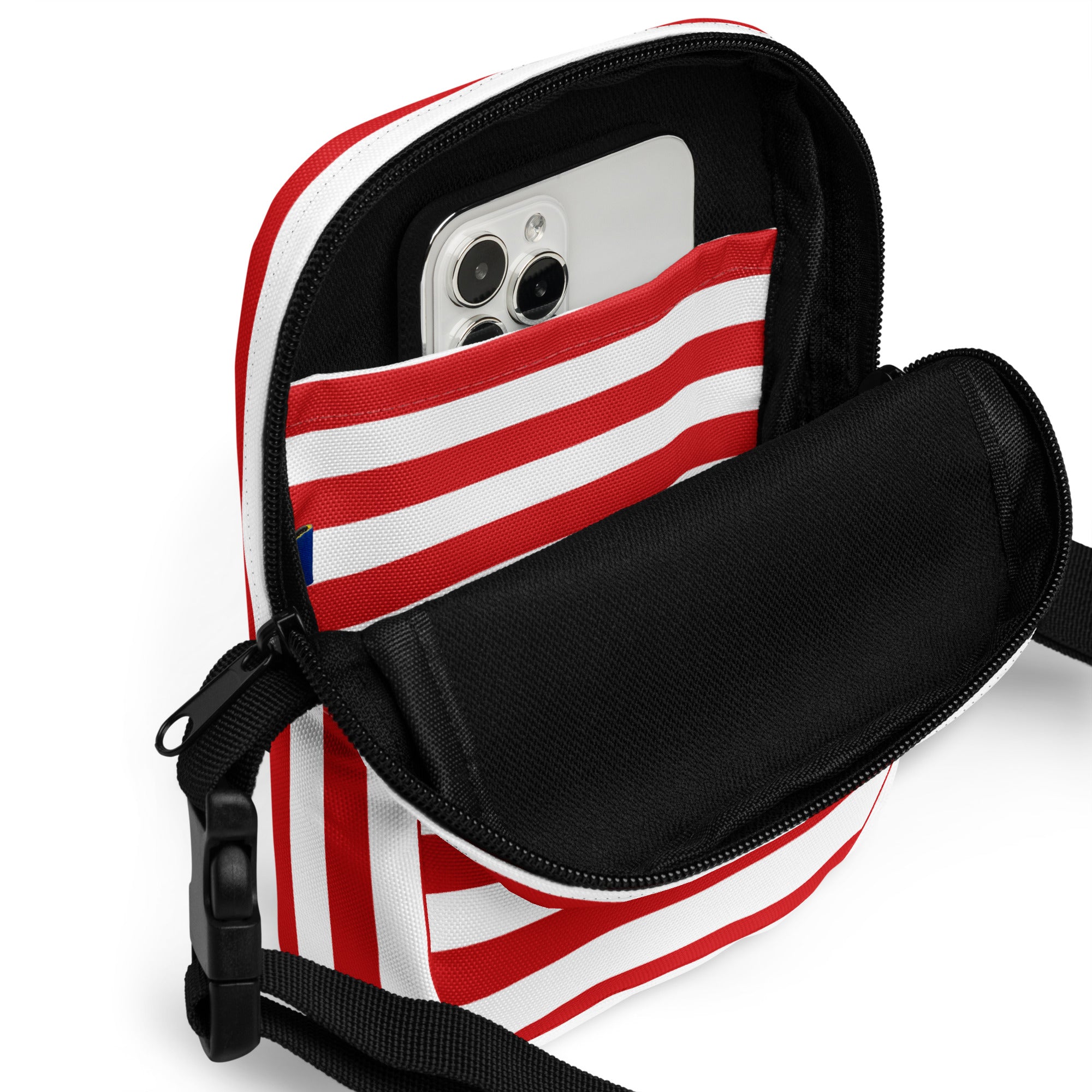 Girls red and white stripes crossbody purse with red and white striped shoulder bag and black interior lining