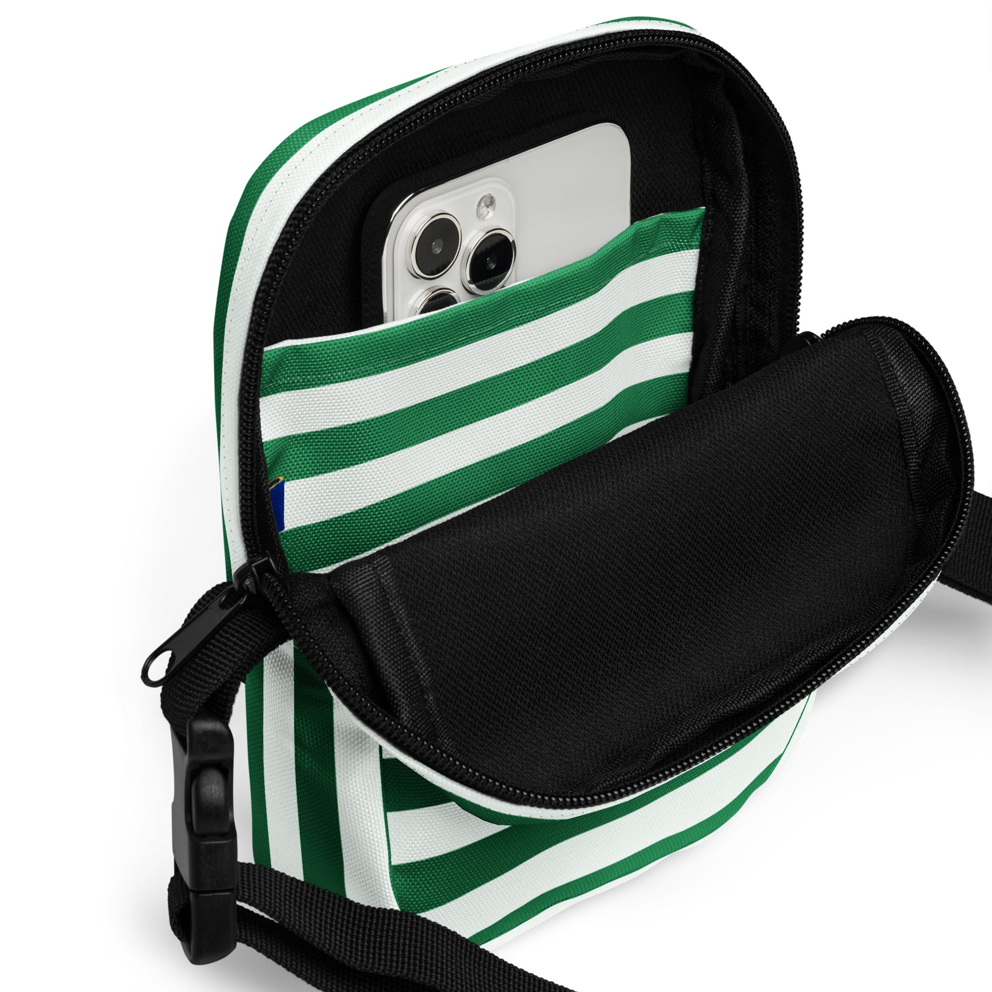Green and white candy stripe crossbody purse with black zipper and adjustable strap for women’s christmas accessories
