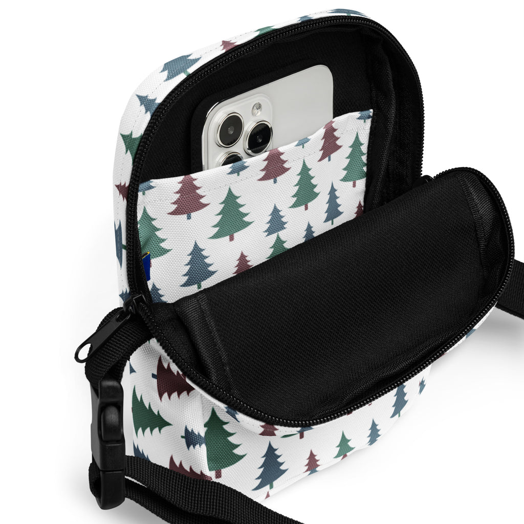 Girls pastel Christmas trees white crossbody purse with multicolored pine tree pattern on fabric exterior