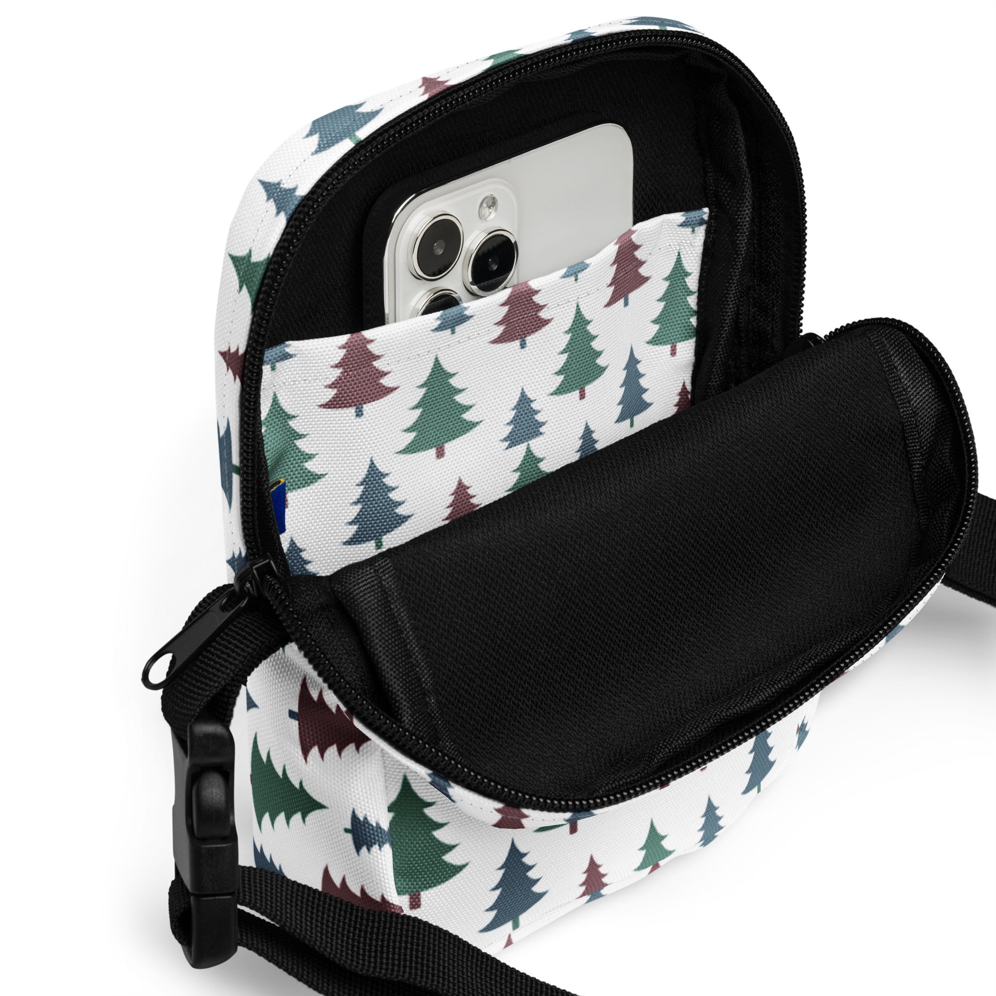 White crossbody bag with festive multicolored pine tree pattern on fabric for Christmas winter women’s use