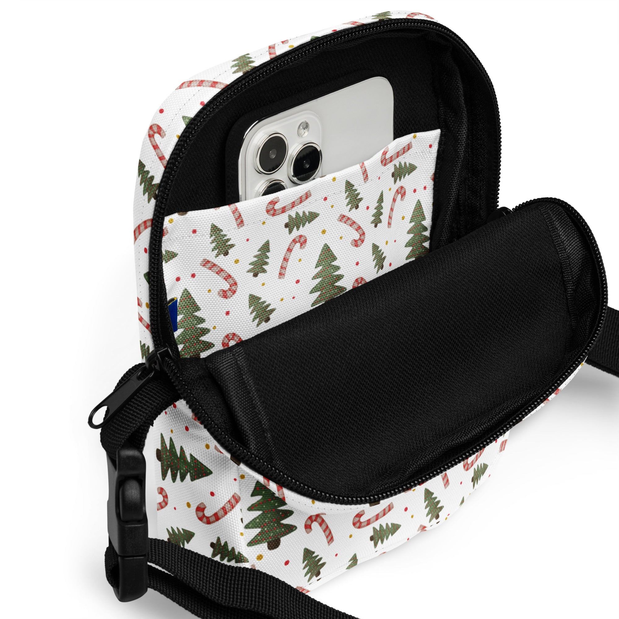 Girls christmas trees and candy canes crossbody purse white fabric with green pine trees red candy canes black lining