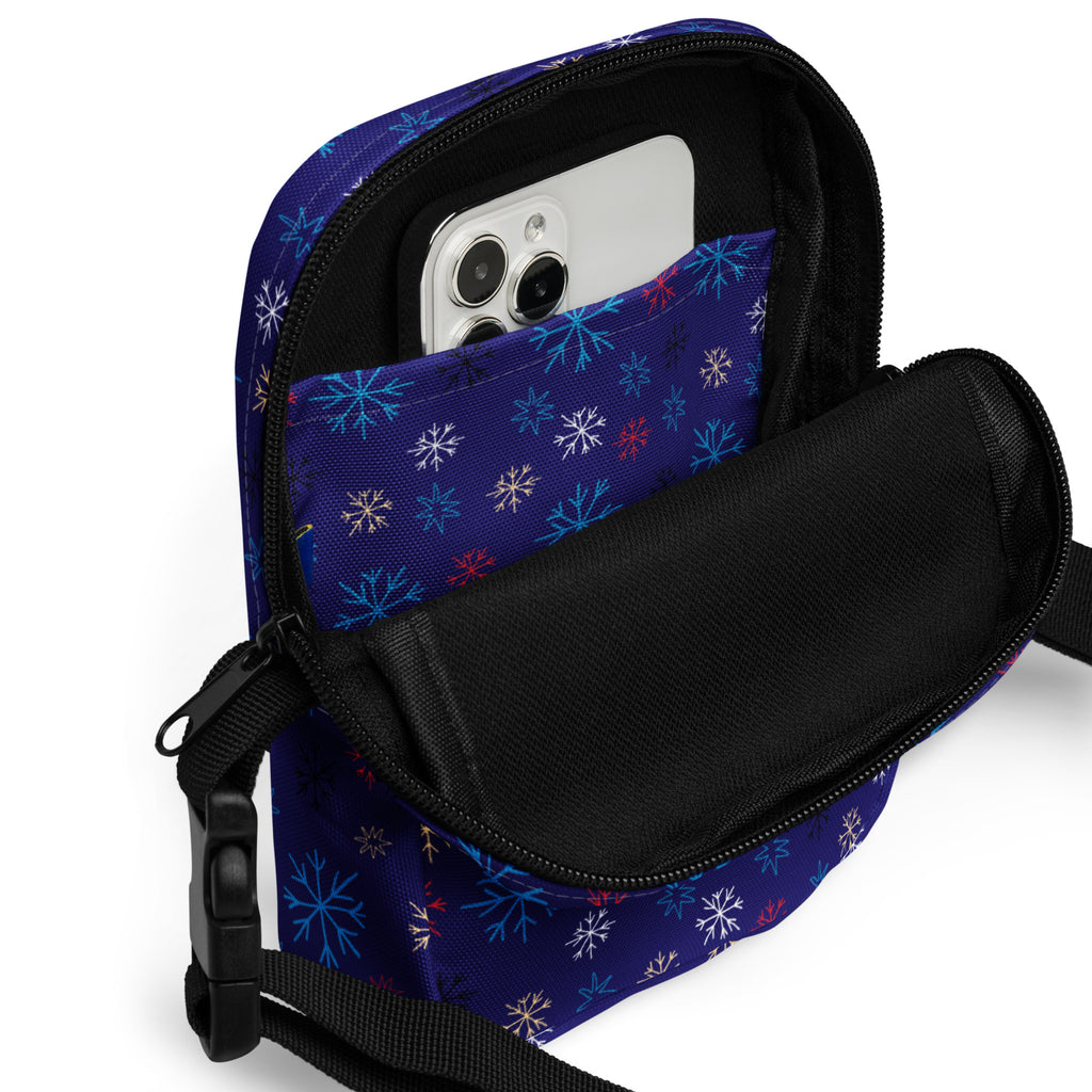 Christmas dark blue snowflake winter women’s crossbody purse with navy blue phone pouch and multicolored snowflake pattern
