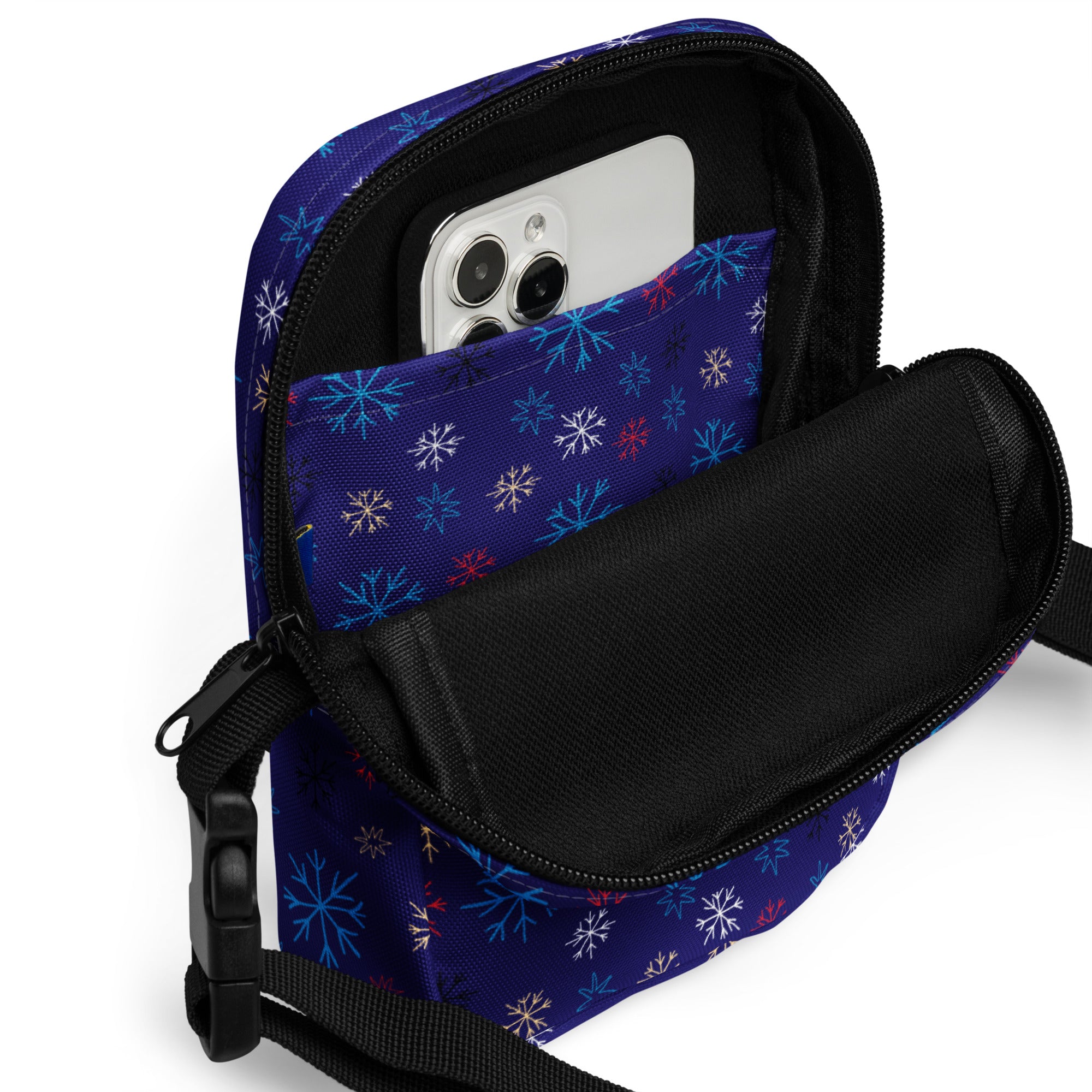 Christmas dark blue snowflake winter women’s crossbody purse with navy blue phone pouch and multicolored snowflake pattern