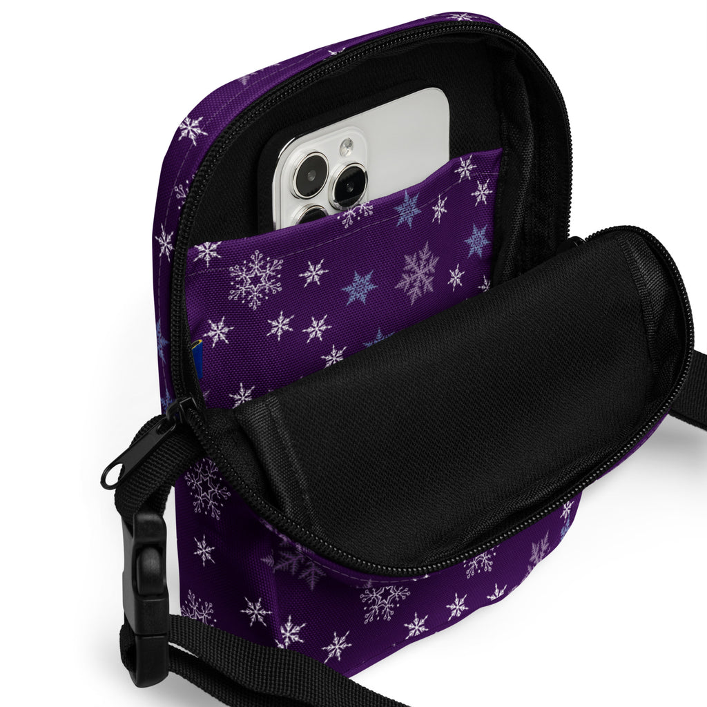Christmas purple snowflake winter women’s crossbody phone pouch with black zipper and adjustable strap