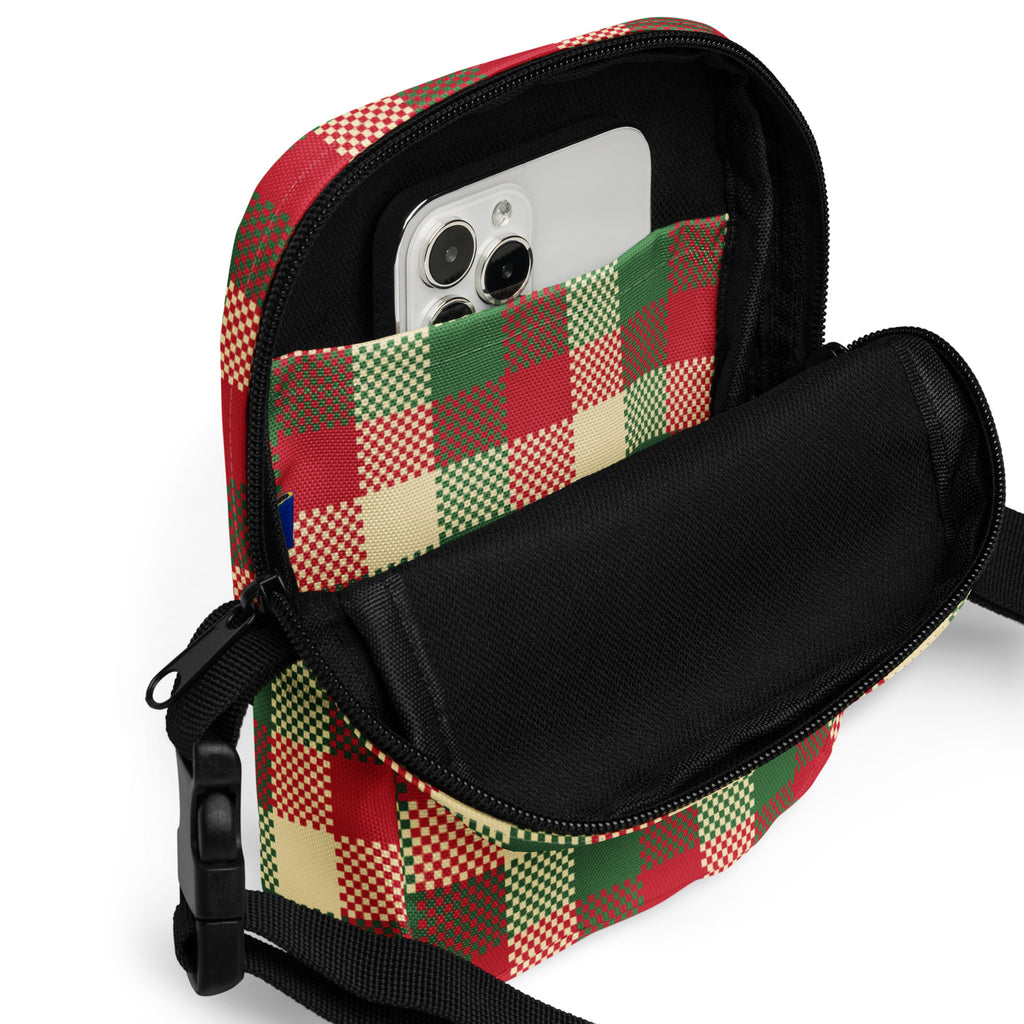 Christmas plaid winter women’s crossbody purse with red green cream plaid pattern adjustable strap and black zipper closure