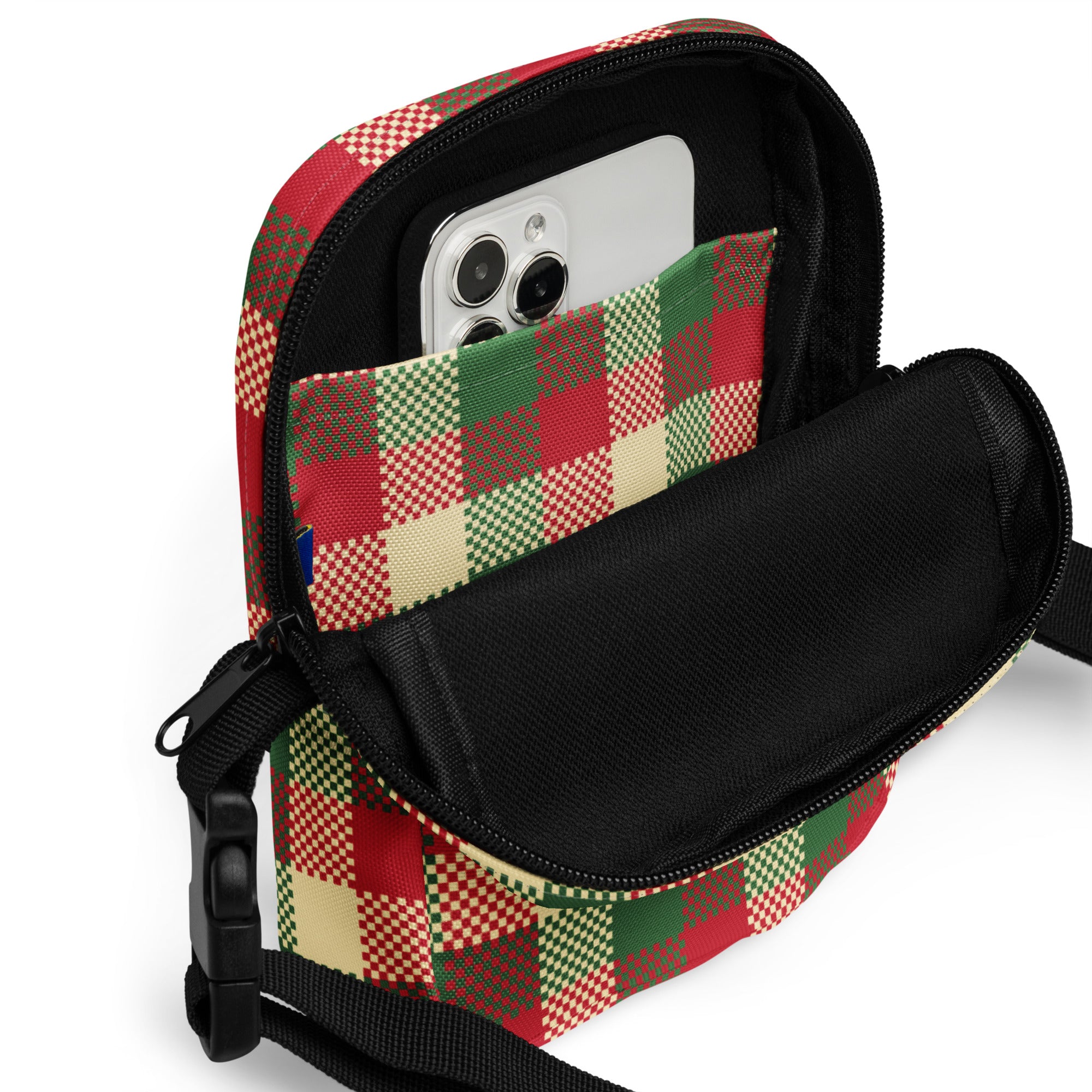 Christmas plaid winter women’s crossbody purse with red green cream plaid pattern adjustable strap and black zipper closure