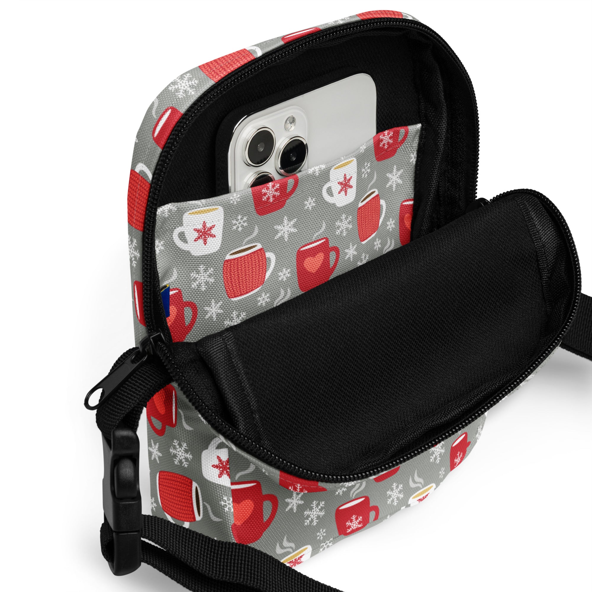 Gray crossbody purse with red and white coffee mug pattern and black interior lining for girls hot cocoa lovers
