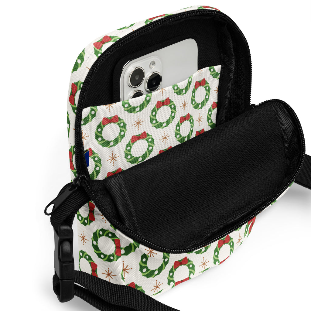 White girls christmas wreath crossbody purse with green wreath print red bows fabric black zipper and adjustable strap