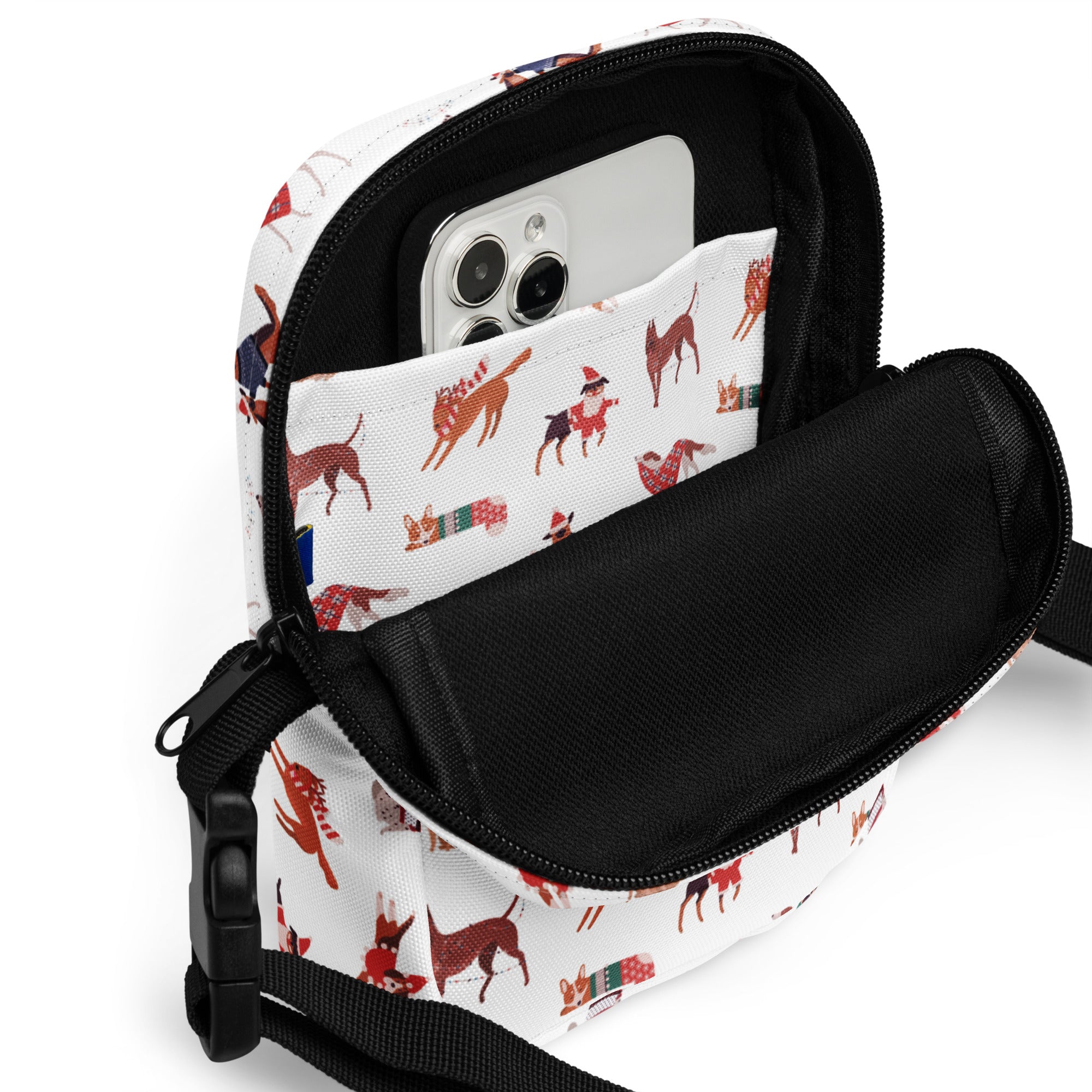 Christmas dogs women’s crossbody purse white canvas with festive red and brown dogs holiday pattern black zippers straps