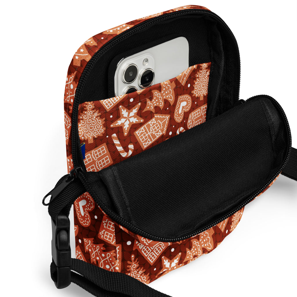 Girls red gingerbread Christmas crossbody purse in brown and cream with black zipper and adjustable strap