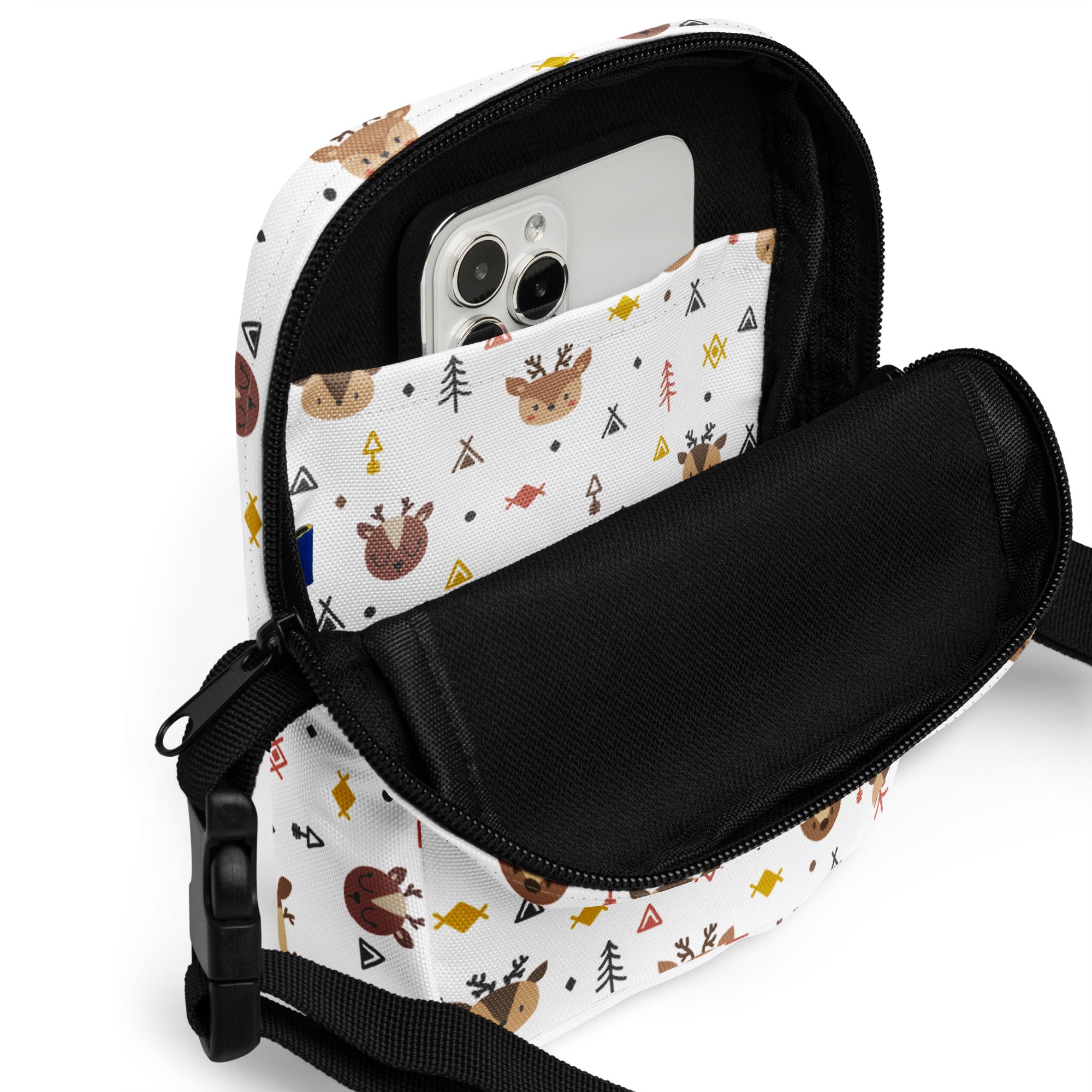 Reindeer Christmas women’s white canvas crossbody purse with woodland pattern of brown deer yellow fish and black teepees
