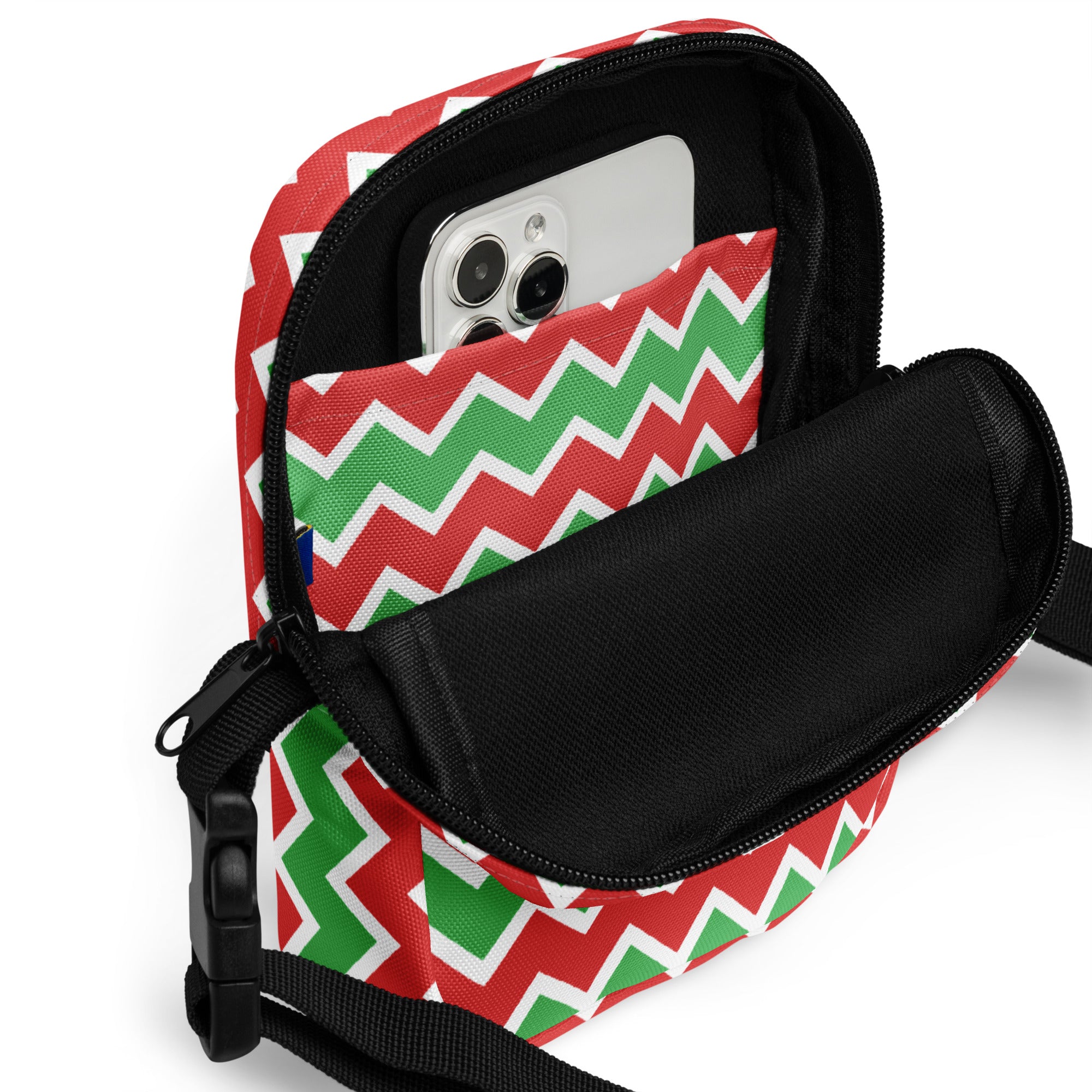 Christmas zigzag women’s crossbody purse with red and green zigzag pattern and black zipper trim
