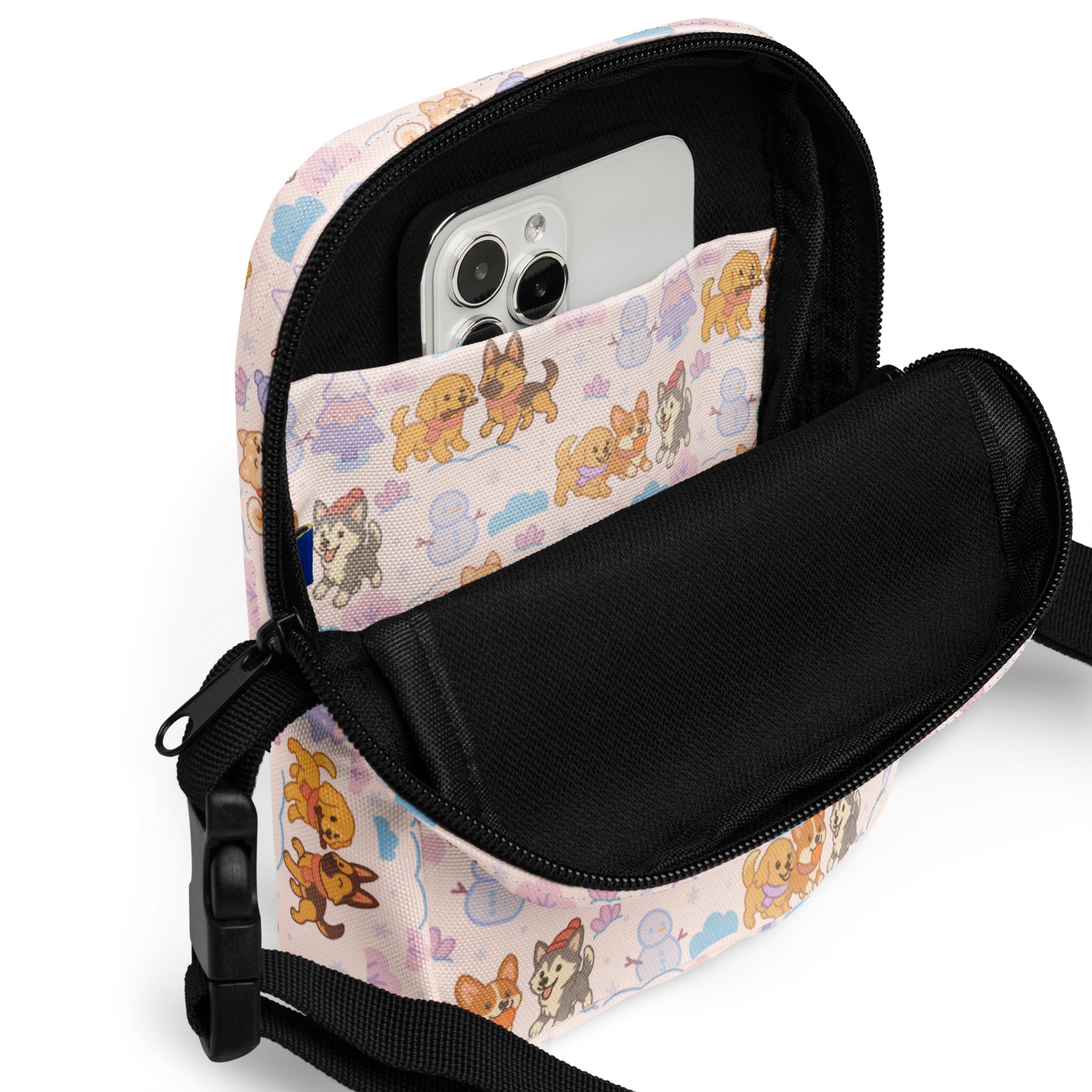 Cute christmas dogs women’s crossbody purse in pink fabric with cartoon dog and cloud pattern and black zipper accents