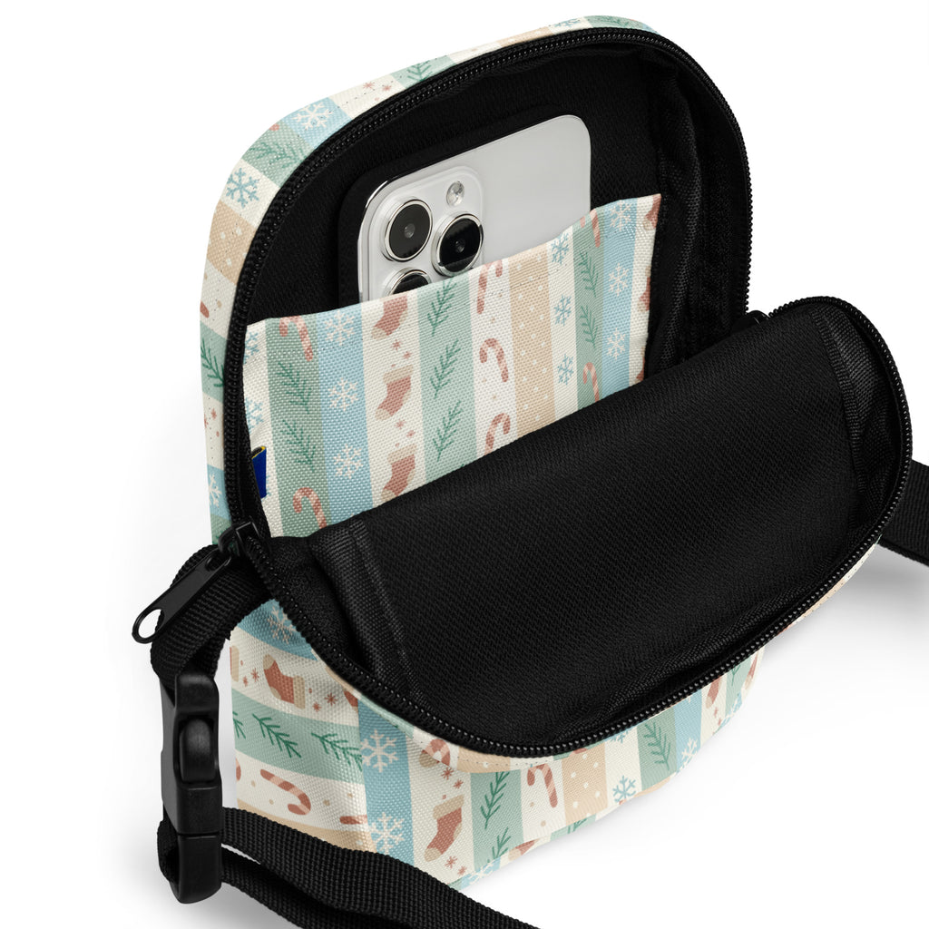 Pastel christmas stripes women’s crossbody purse with festive candy cane snowflake stocking pattern in soft pastel tones