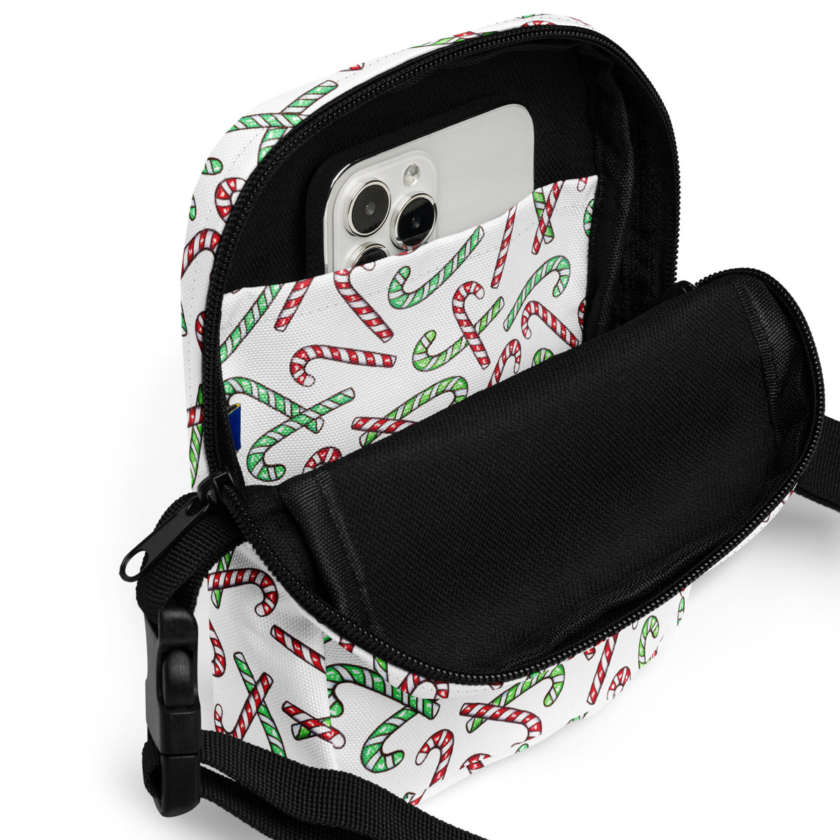 Girls Red & Green Candy Cane Christmas Crossbody Bag – Water Resistant Mini Purse With Adjustable Strap & Pockets