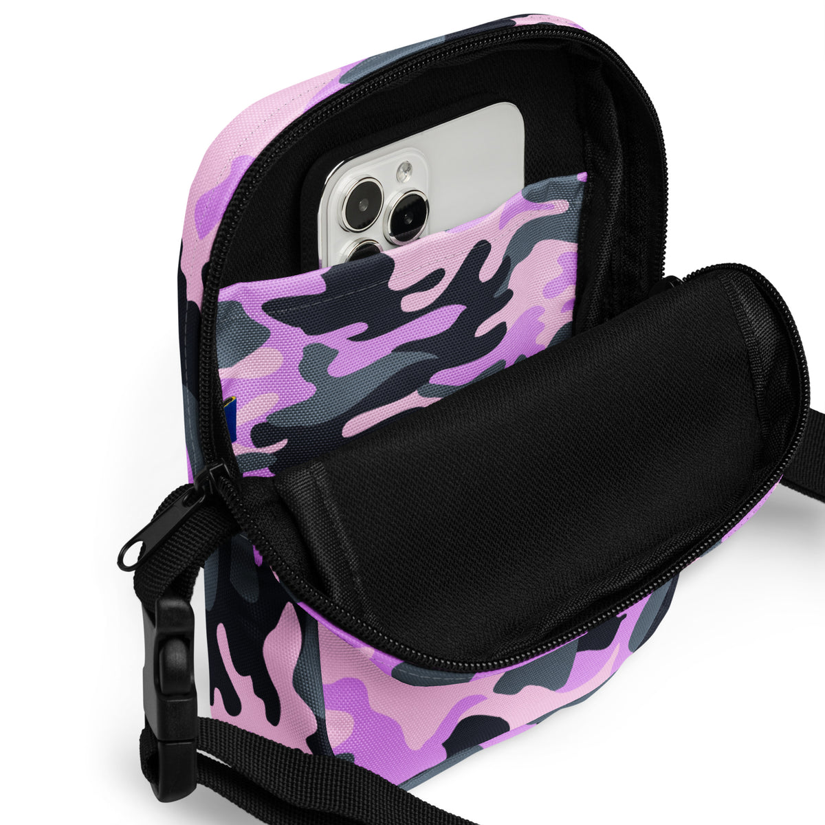 Purple Camouflage Crossbody Bag – Water Resistant Mini Purse With Adjustable Strap & Pockets