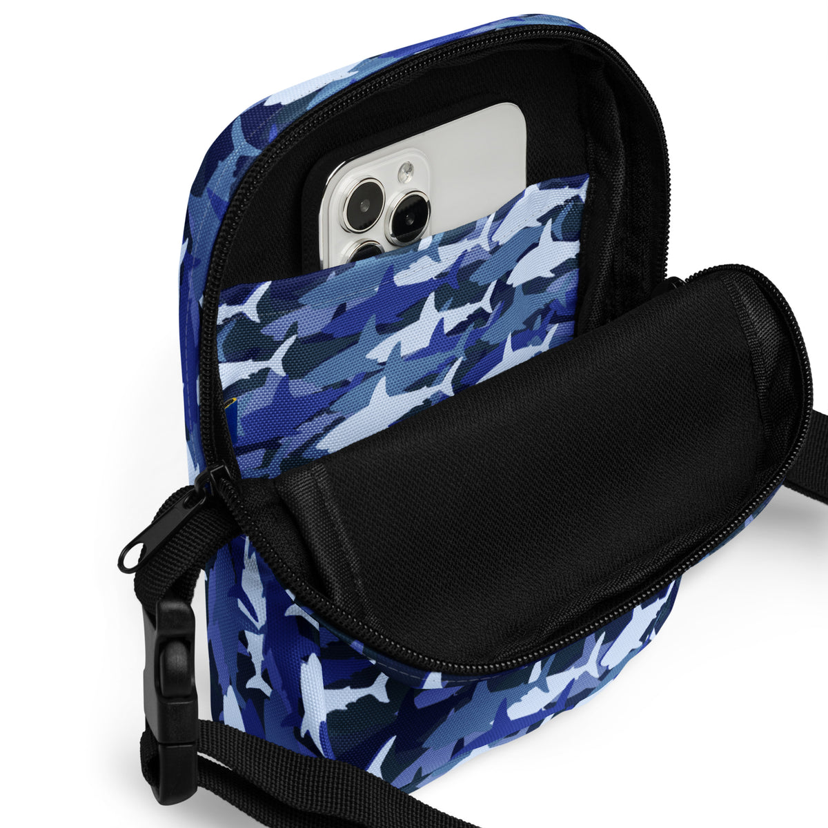 Blue Shark Camouflage Crossbody Bag – Water Resistant Mini Purse With Adjustable Strap & Pockets