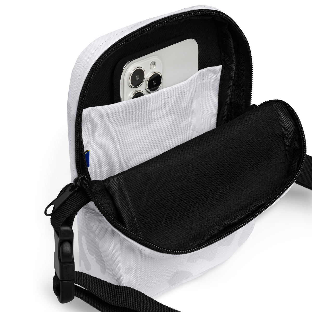 White Camouflage Crossbody Bag – Water Resistant Mini Purse With Adjustable Strap & Pockets