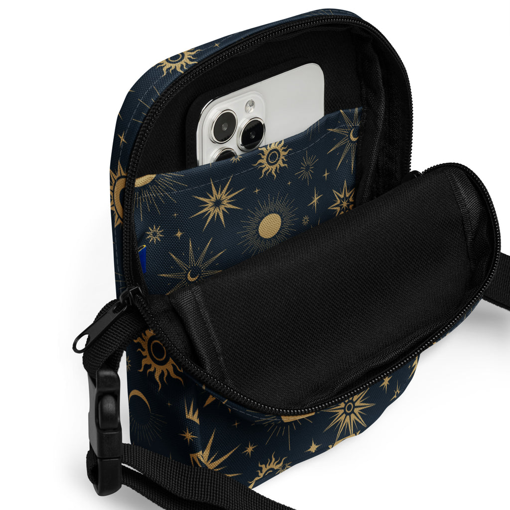 Celestial Sun & Moon Crossbody Bag – Water Resistant Mini Purse With Adjustable Strap & Pockets