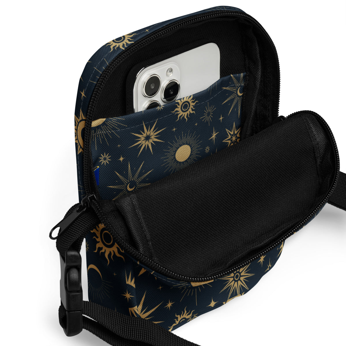 Celestial Sun & Moon Crossbody Bag – Water Resistant Mini Purse With Adjustable Strap & Pockets