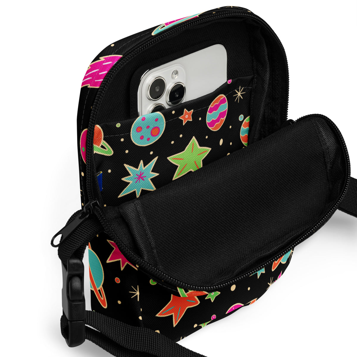 Vintage Neon Space Crossbody Bag – Water Resistant Mini Purse With Adjustable Strap & Pockets